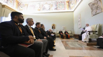 Pope Leo XIV addresses the steering committee of the Catholic Biblical Federation at the Vatican on Nov. 17, 2025.