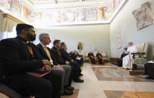 Pope Leo XIV addresses the steering committee of the Catholic Biblical Federation at the Vatican on Nov. 17, 2025. Credit: Vatican Media