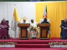 Pope Francis addresses South Sudan’s government and members of the diplomatic corps Feb. 3, 2023.