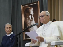 Pope Leo XIV speaks to patients and caregivers at the De La Croix Hospital in Jal el Dib, Lebanon, on Dec. 2, 2025.