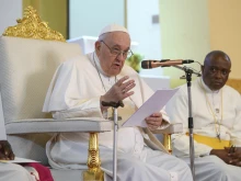 Pope Francis met with bishops, priests, and religious in St. Theresa Cathedral in Juba, South Sudan, on Feb. 4, 2023.