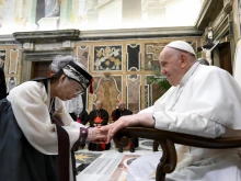 Pope Francis greets a delegation of Korean Catholics at the Vatican on Sept. 16, 2023.