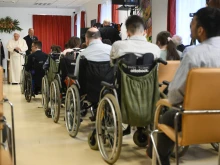 Pope Francis meets on April 29, 2023, with children and adults who are visually impaired and have other disabilities at a Catholic institute in Budapest, Hungary, dedicated to Blessed László Batthyány-Strattmann.