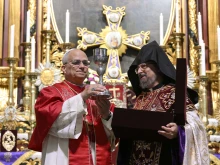 Pope Leo XIV meets with Armenian Patriarch Sahak II Mashalian at the Armenian Patriarchate of Constantinople in Istanbul, Turkey, on Nov. 30, 2025.