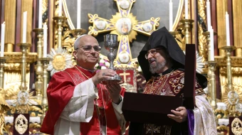 Pope Leo XIV meets with Armenian Patriarch Sahak II Mashalian at the Armenian Patriarchate of Constantinople in Istanbul, Turkey, on Nov. 30, 2025.