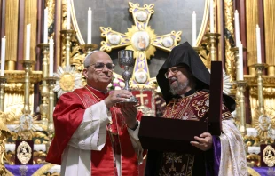 Pope Leo XIV meets with Armenian Patriarch Sahak II Mashalian at the Armenian Patriarchate of Constantinople in Istanbul, Turkey, on Nov. 30, 2025. Credit: Vatican Media