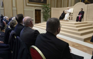 Pope Leo XIV speaks to people who work in Italy’s intelligence sector in the Vatican’s Hall of Blessings on Dec. 12, 2025. Credit: Vatican Media