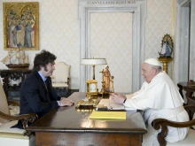 Pope Francis meets with Argentina President Javier Milei in a private audience on Feb. 12, 2024, at the Vatican.