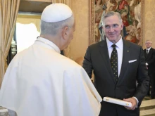 Pope Leo XIV shakes hands with Knights of Columbus Supreme Knight Patrick Kelly during an audience with Knights of Columbus leadership at the Vatican on Oct. 6, 2025.