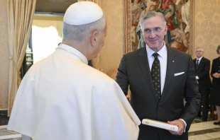 Pope Leo XIV shakes hands with Knights of Columbus Supreme Knight Patrick Kelly during an audience with Knights of Columbus leadership at the Vatican on Oct. 6, 2025. Credit: Vatican Media