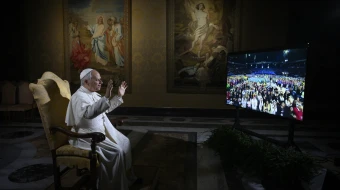 Pope Leo XIV greets young American Catholics from the Vatican during a digital dialogue held between the Holy Father and participants in the National Catholic Youth Conference in Indianapolis, Friday, Nov. 21, 2025