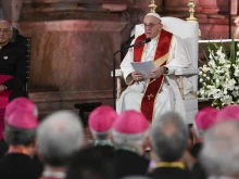 Pope Francis gives the homily at vespers at the Jerónimos Monastery in Lisbon, Portugal, Aug. 2, 2023.