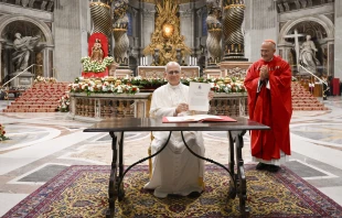 Pope Leo XIV signs his apostolic letter on Catholic education, “Drawing New Maps of Hope,” at the end of a Mass for Rome university students in St. Peter’s Basilica on Oct. 27, 2025. The document was published on Oct. 28, 2025, to mark the 60th anniversary of Gravissimum Educationis, the Second Vatican Council’s declaration on Christian education. Credit: Vatican Media