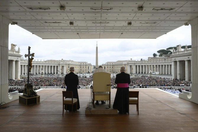 Pope Francis speaks in St. Peter's Square on March 8, 2023.