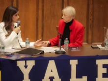 Lila Rose (left) debates Frances Kissling on Sept. 16, 2025, at Yale University.