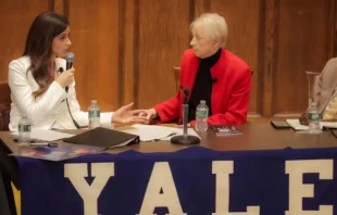 Lila Rose (left) debates Frances Kissling on Sept. 16, 2025, at Yale University. Credit: Live Action via YouTube screenshot
