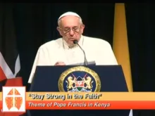 Pope Francis addresses Kenya's president and other civic leaders in Nairobi Nov. 25