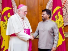 Archbishop Paul Richard Gallagher, the Vatican’s secretary for relations with states and international organizations, meets Sri Lankan President Anura Kumara Dissanayake at the Presidential Secretariat in Colombo on Nov. 4, 2025.