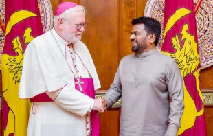 Archbishop Paul Richard Gallagher, the Vatican’s secretary for relations with states and international organizations, meets Sri Lankan President Anura Kumara Dissanayake at the Presidential Secretariat in Colombo on Nov. 4, 2025. Credit: Santosh Digal