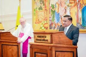 Archbishop Paul Richard Gallagher, the Vatican’s secretary for relations with states and international organizations, and Sri Lankan Foreign Minister Vijitha Herath hold a joint press conference on Nov. 4, 2025, in Colombo. Credit: Santosh Digal