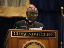 Cardinal Robert Sarah, Prefect Emeritus of the Congregation for Divine Worship, delivers the commencement address at Christendom College in Front Royal, Va., May 14, 2022.
