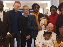 Pope Francis meets with refugees from Congo and South Sudan before his flight to Africa on Jan. 31, 2023.