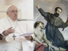 Pope Francis at his general audience on May 17, 2023 (left) and a painting of St. Francis Xavier in the Church of the Gesù in Rome (right).