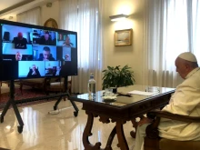 Pope Francis takes part in an online meeting of the Council of Cardinals at the Vatican, Sept. 21, 2021.