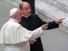 Pope Francis’ with Fr. Peter Harman, rector of the Pontifical North American College, in the Paul VI Hall at the Vatican, Sept. 29, 2021.