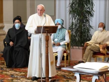 Pope Francis addresses participants in the meeting ‘Faith and Science: Towards COP26’ at the Vatican’s Hall of Benediction, Oct. 4, 2021.