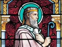 A stained-glass window by Lucien Bégule depicting St. Irenaeus at the Church of St, Irenaeus in Lyon, France.