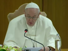 Pope Francis takes part in a moment of reflection for the opening of the synodal path at the Vatican’s New Synod Hall, Oct. 9, 2021.