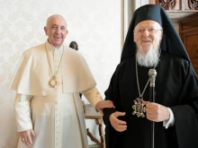Pope Francis meets with Ecumenical Patriarch Bartholomew I at the Vatican, Oct. 4, 2021.