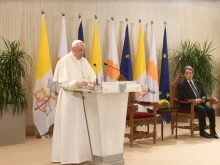 Pope Francis addresses the authorities, civil society, and diplomatic corps at the Presidential Palace in Nicosia, Cyprus, Dec. 2, 2021.