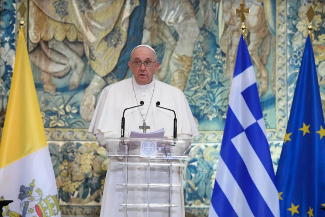 Pope Francis addresses a meeting with authorities, civil society and the diplomatic corps at the Presidential Palace in Athens, Greece, Dec. 3, 2021