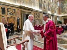 Pope Francis addresses members of the Roman Rota in the Vatican’s Clementine Hall, Jan. 27, 2022.