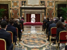 Pope Francis meets members of the Catholic Factchecking consortium at the Vatican’s Clementine Hall, Jan. 28, 2022