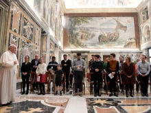 Pope Francis meets with Diakonia of Beauty, a group dedicated to celebrating sacred art, on Feb. 17, 2022.