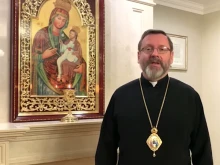 Major Archbishop Sviatoslav Shevchuk records a video message on March 28, 2022.