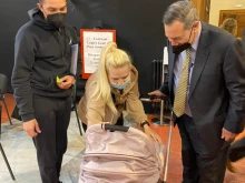 Joe Donnelly, the new US ambassador to the Holy See, meets with Ukrainian refugees in Rome, Italy, on April 21, 2022.