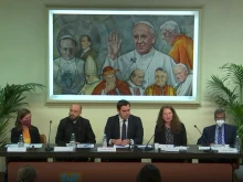 Tetiana Stawnychy, president of Caritas Ukraine, speaks at a press conference in Rome, May 16, 2022.