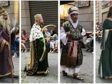 Biblical characters, Noah, David, Melchizedek, and Judith, process through the streets of Valencia, Spain, during the Corpus Christi procession, June 11, 2023
