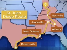 A map of the Juan Diego Route which goes through Texas, Louisiana, Mississippi, Alabama, Georgia, Tennessee, and Kentucky, ending in Indiana.