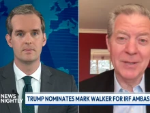 Former U.S. Ambassador-at-Large for International Religious Freedom Sam Brownback (right) speaks to “EWTN News Nightly” anchor Mark Irons on Friday, April 11, 2025.