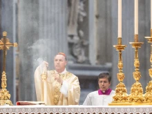 Cardinal Ángel Fernández Artime incenses the altar at the eighth Novendiales Mass for Pope Francis in St. Peter's Basilica, Saturday, May 3, 2025.