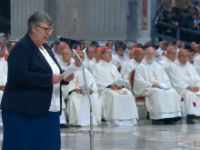 Sister Mary Barron speaks at the eighth Novendiales Mass for Pope Francis in St. Peter’s Basilica, Saturday, May 3, 2025.