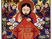 Taiwanese Catholic artist Hsieh Sheng-Min drew inspiration from traditional Chinese woodblock printing to create this depiction of the Sermon on the Mount, which includes a large Chinese character of the word “blessing” at its center.
