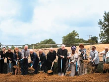 Richmond Bishop Barry Knestout (center) joins community leaders including U.S. Sen. Tim Kaine, D-Virginia (fifth from left), at a groundbreaking ceremony for Greenway Village at St. Elizabeth Parish in Richmond, Virginia, on Sunday, Sept. 21, 2025.