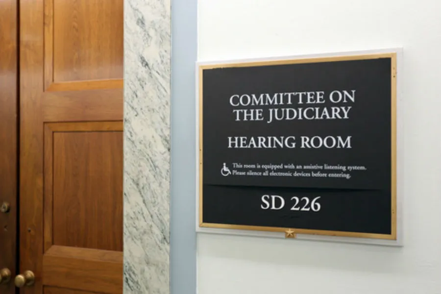 A sign at the entrance to a Senate Judiciary Committee hearing room in Washington, D.C. ?w=200&h=150