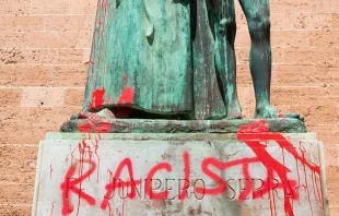 The statue of the Roman Catholic Spanish priest Junipero Serra is pictured in Palma de Mallorca on June 22, 2020, after it was daubed with graffiti reading "Racist."   Jaime Reina AFP/Getty